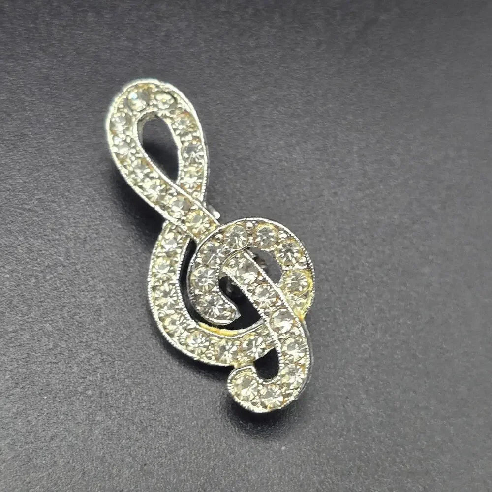 Rhinestone Treble Clef Brooch Music Note Vintage Costume Jewelry